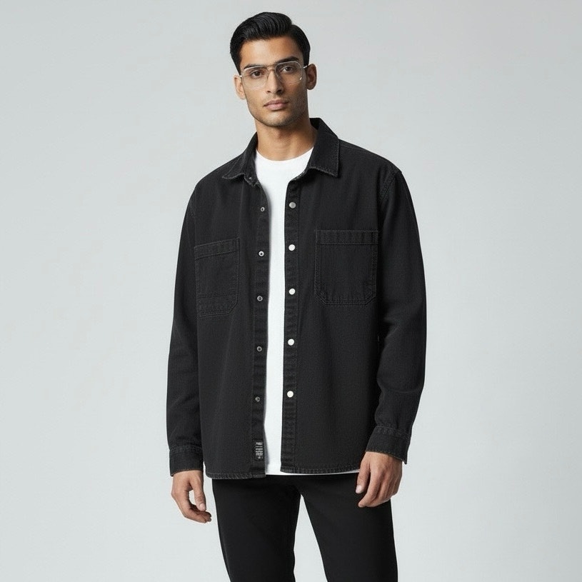 Mavi Men’s Western Casual Black Denim Snap Button Shirt Xl